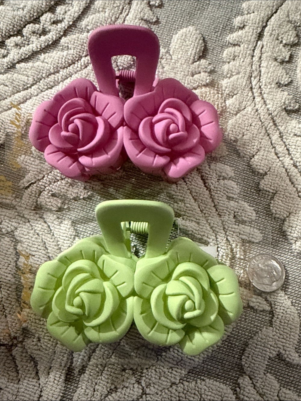Floral Rose Claw Hair Clips - Pink & Lime Set